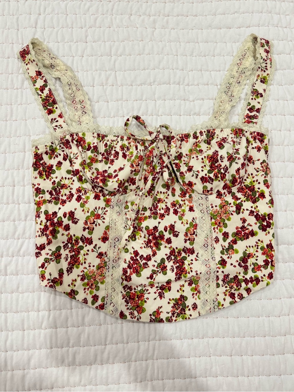 Floral Lace Trim Cream Bustier Crop Top - Women's